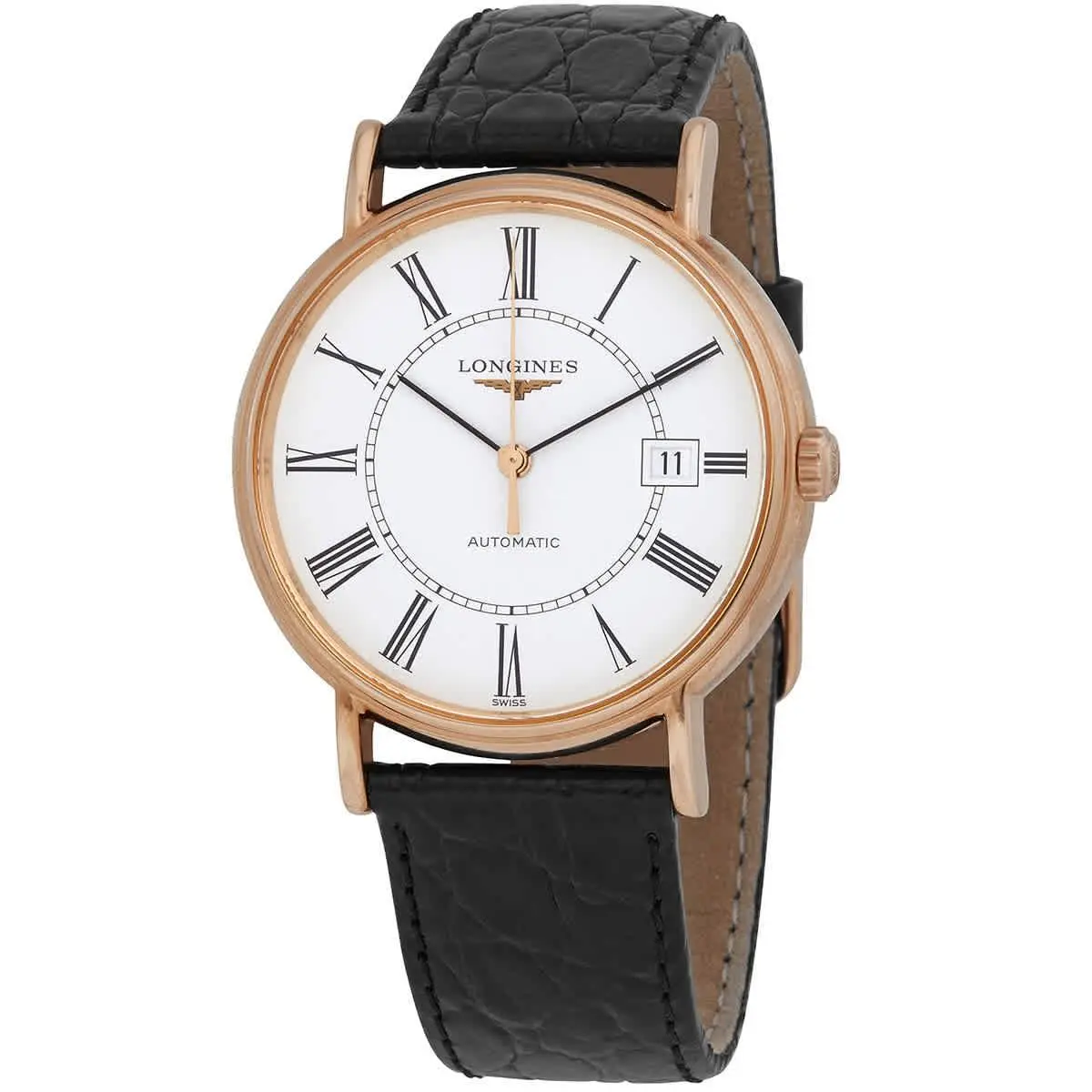 Longines Presence Automatic White Dial Men`s Watch L4.921.1.11.2 - Dial: White, Band: Black, Bezel: Rose Gold PVD