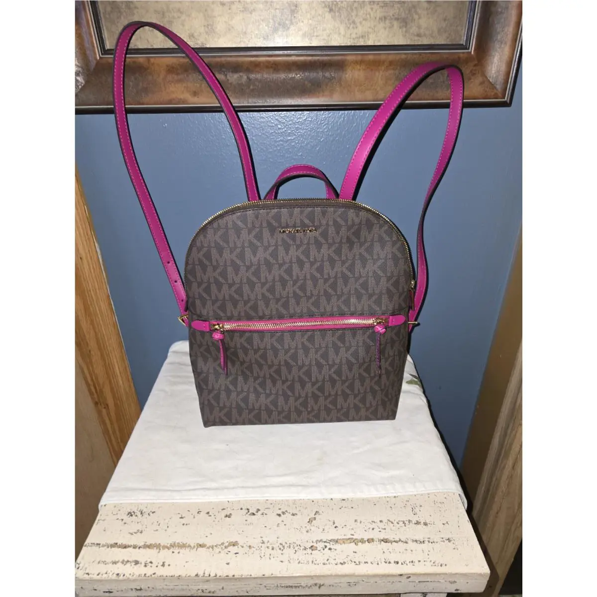 Michael Kors Dallas MD Slim Backpack MK Signature Brown Fushcia