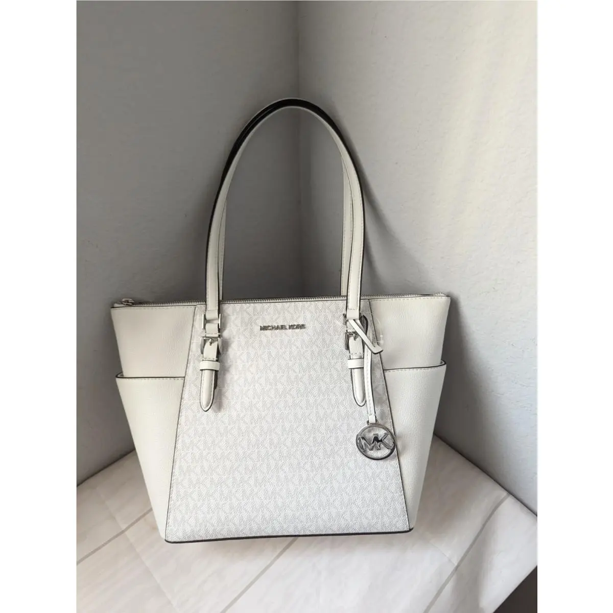Michael Kors Charlotte Top Zip Shoulder Tote Bag Handbag MK Optic White