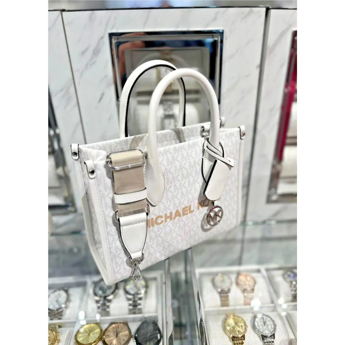 Michael Kors Mirella Small Shopper Logo Top Zip Crossbody Handbag Optic White