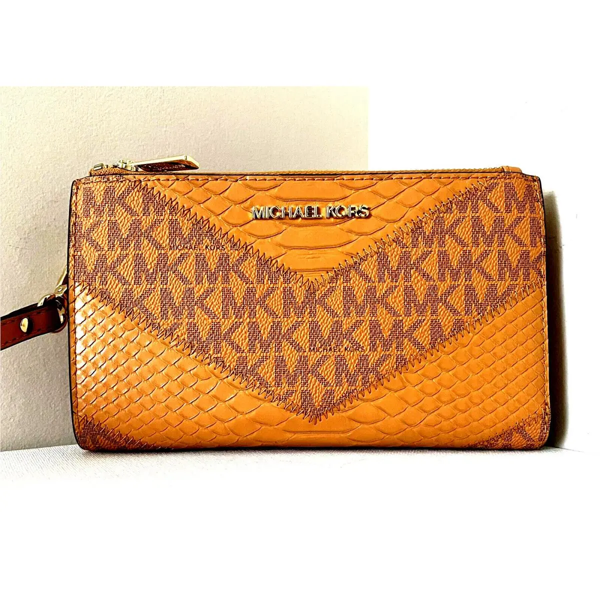 Michael Kors Jet Set Travel Double Zip Wristlet Wallet Leather Croc Cider