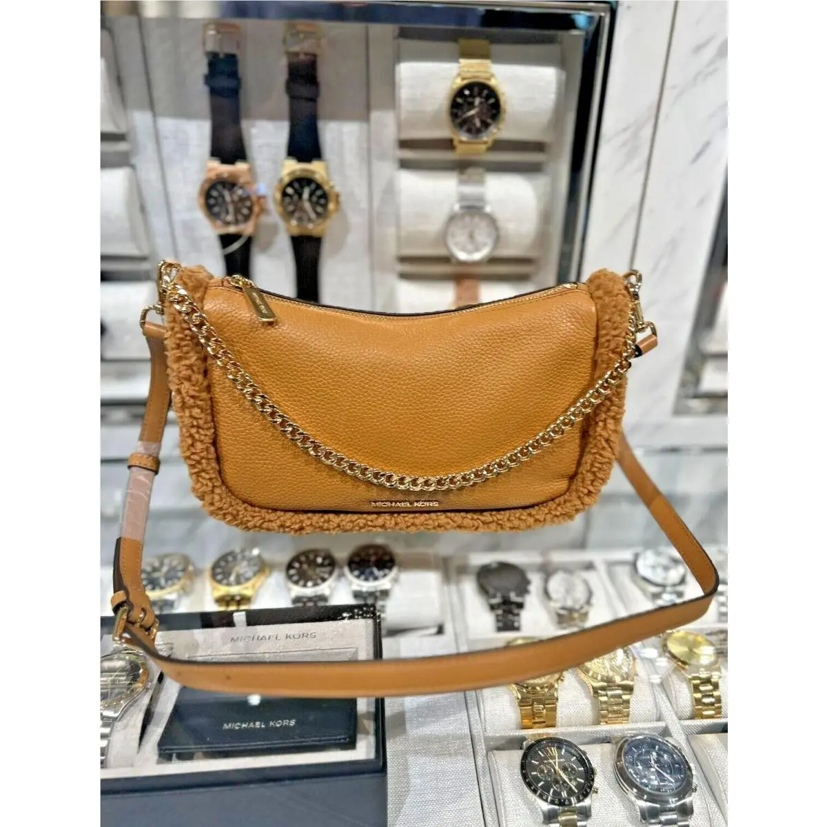 Michael Kors Carmela MD Shearling Leather Pouchette Crossbody Bag Deer Multi