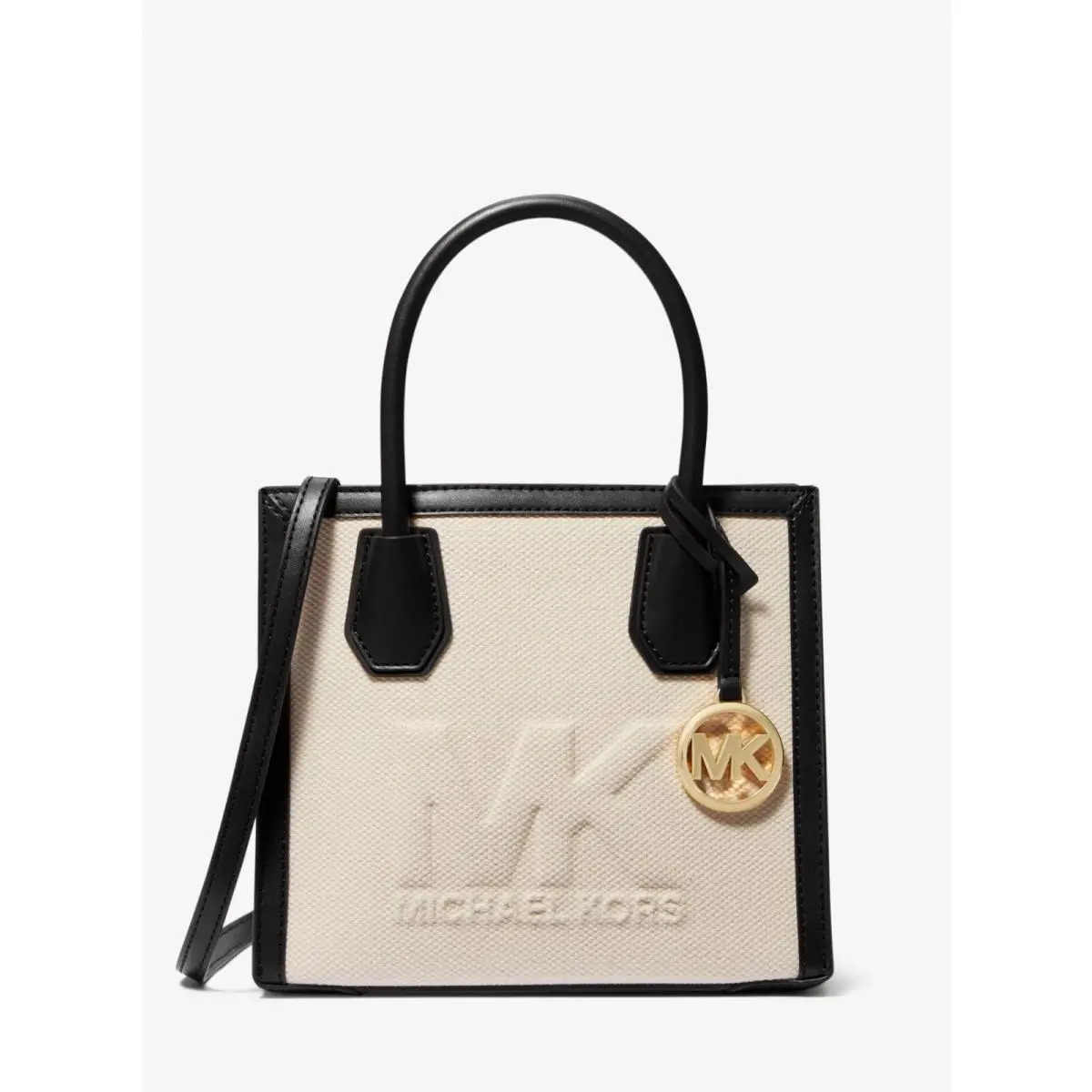 Michael Kors Mercer Natural Canvas Natural Black Medium Crossbody Satchel Bag