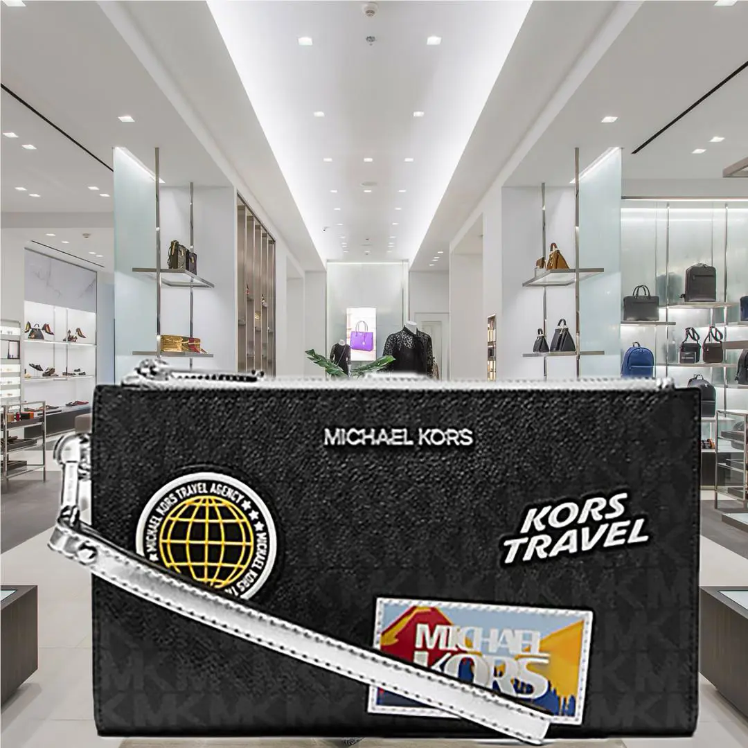 Michael Kors Jet Set Travel Double Zip Wristlet Wallet MK Logo Black Multi