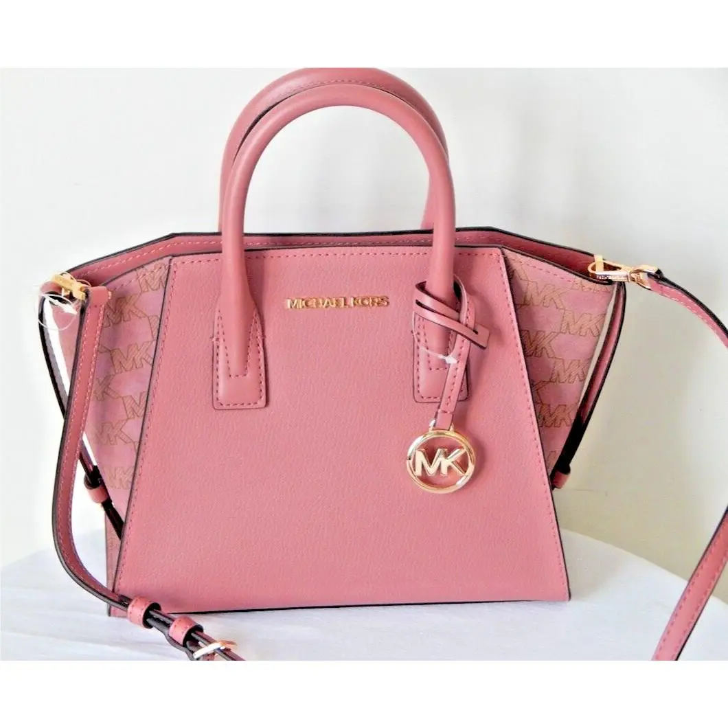 Michael Kors Avril Leather Small TZ MK Logo Rose Satchel Crossbody Bag