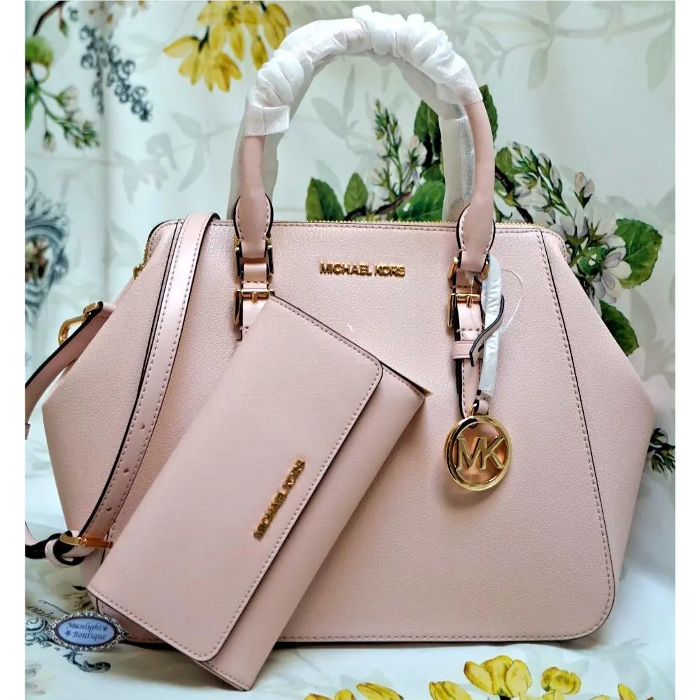 Michael Kors Charlotte LG Satchel Xbody Bag + Wallet In Powder Blush Leather