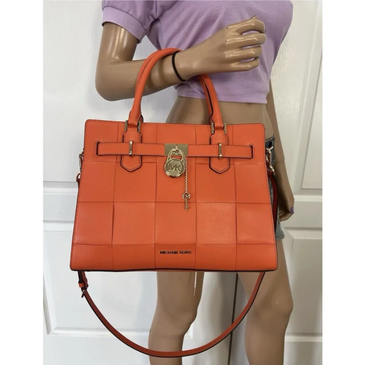 Michael Kors Hamilton Medium Leather Satchel Bag Handbag Purse Orange Mother’s
