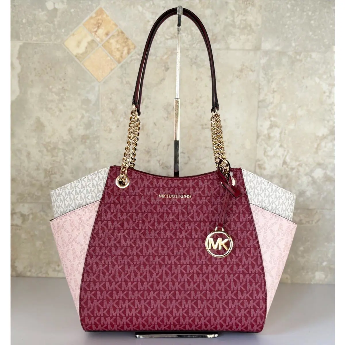 Michael Kors Jet Set Travel LG Shoulder Chain Tote Bag MK Color-block Cherry