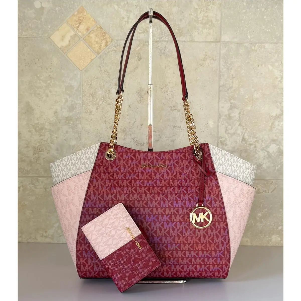 Jet Set Travel L Chain Tote Bag + Wallet Set MK Color-block Cherry by Michael Kors