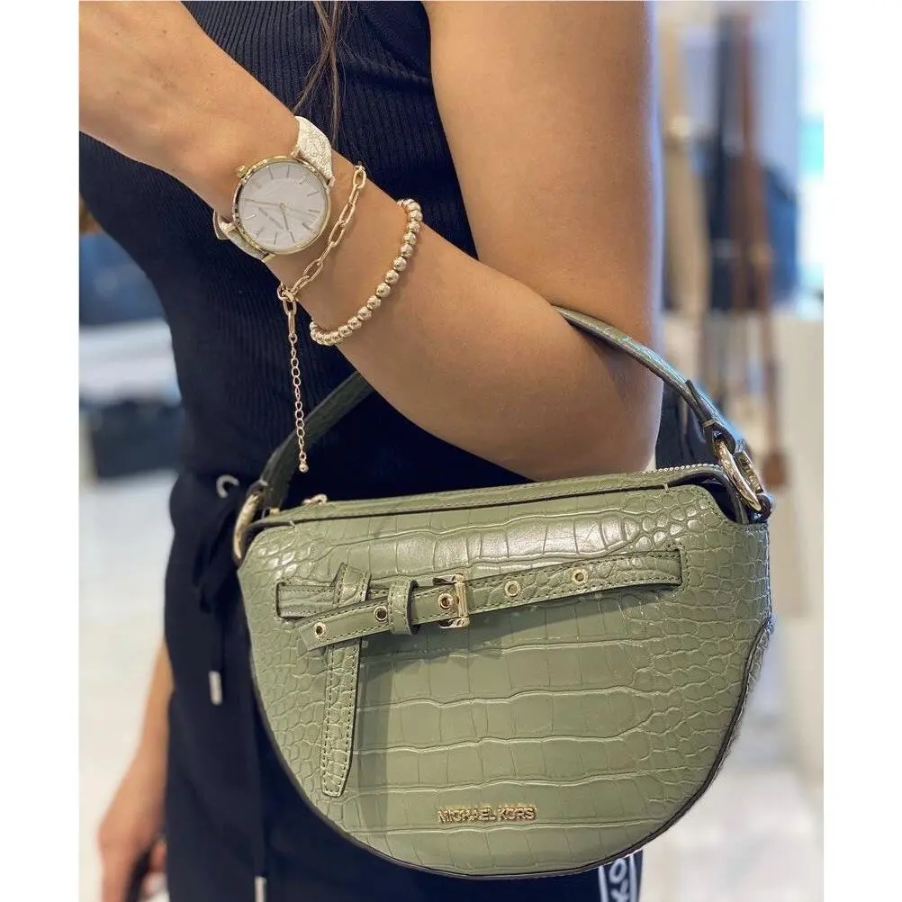 Michael Kors Emilia Half Moon Logo Shoulder Bag Crossbody In Army Green