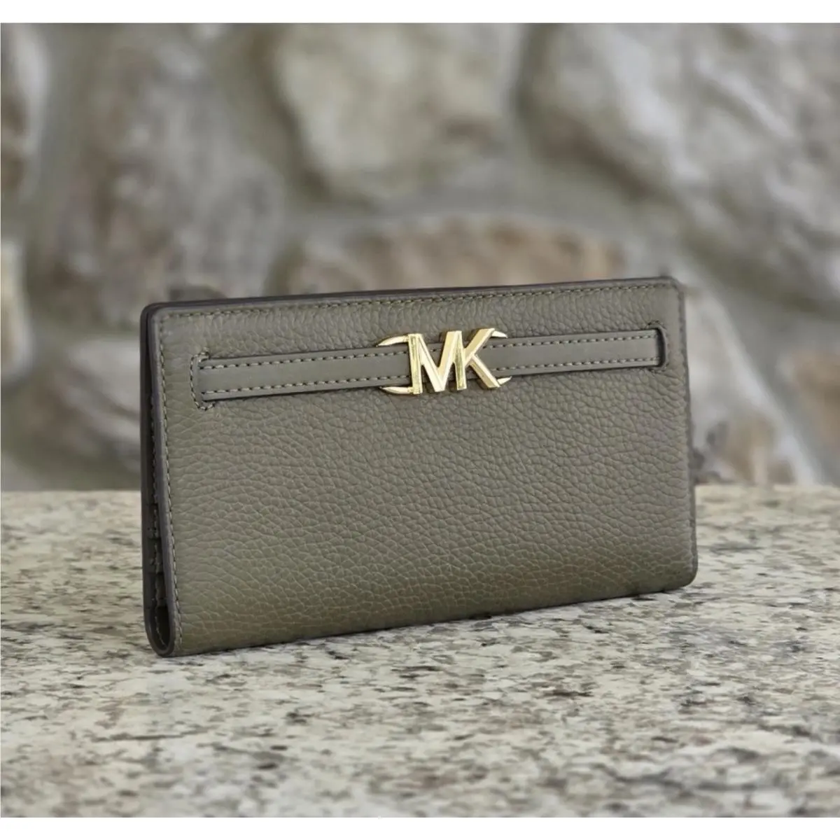 Michael Kors Reed Large Leather Credit Card Holder Flat Snap Wallet Clutch Olive