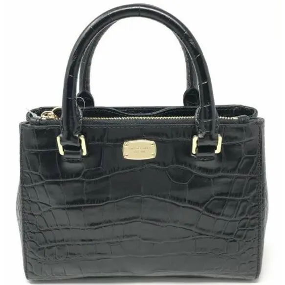 Michael Kors Kellen Black Crocodile Embossed Leather Satchel Bag FS