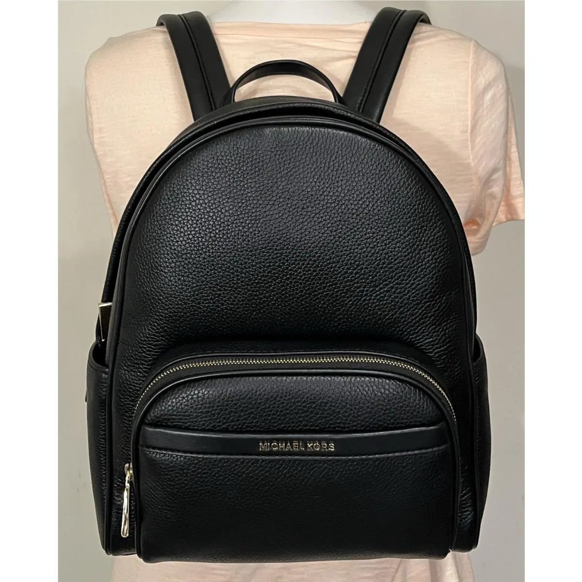 Michael Kors Bex Medium Zip Pocket Black Gold Leather Backpack School Bag