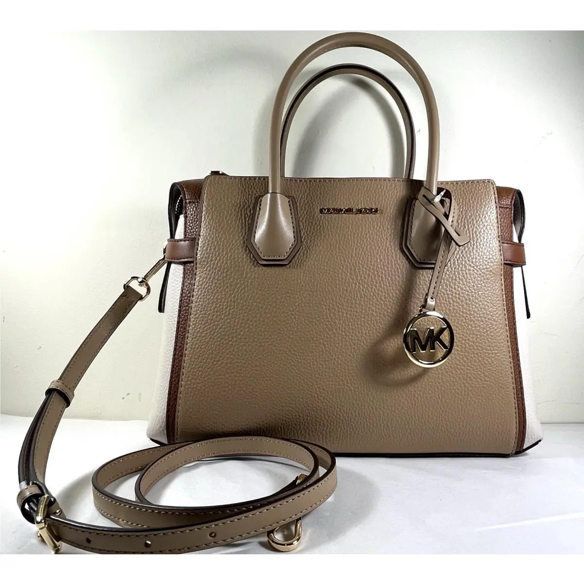 Michael Kors Mercer Belt Medium Camel Multi Pebble Leather Satchel Messenger