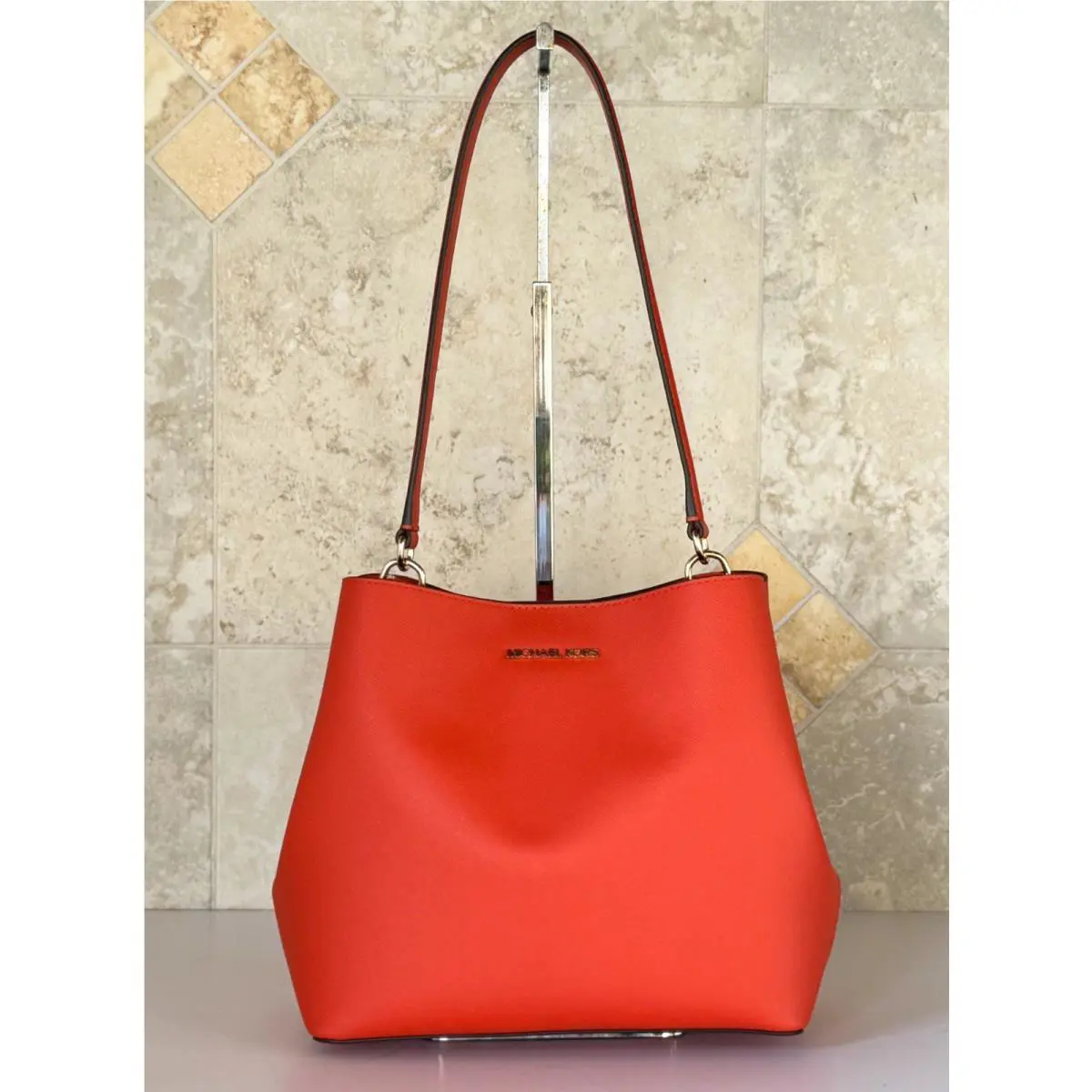 Michael Kors Pratt Medium Bucket Shoulder Tote Bag Red Clay