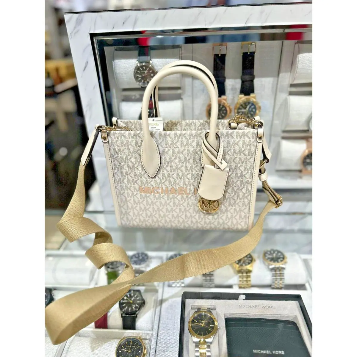 Michael Kors Mirella Small Shopper Logo Top Zip Crossbody Handbag Light Cream