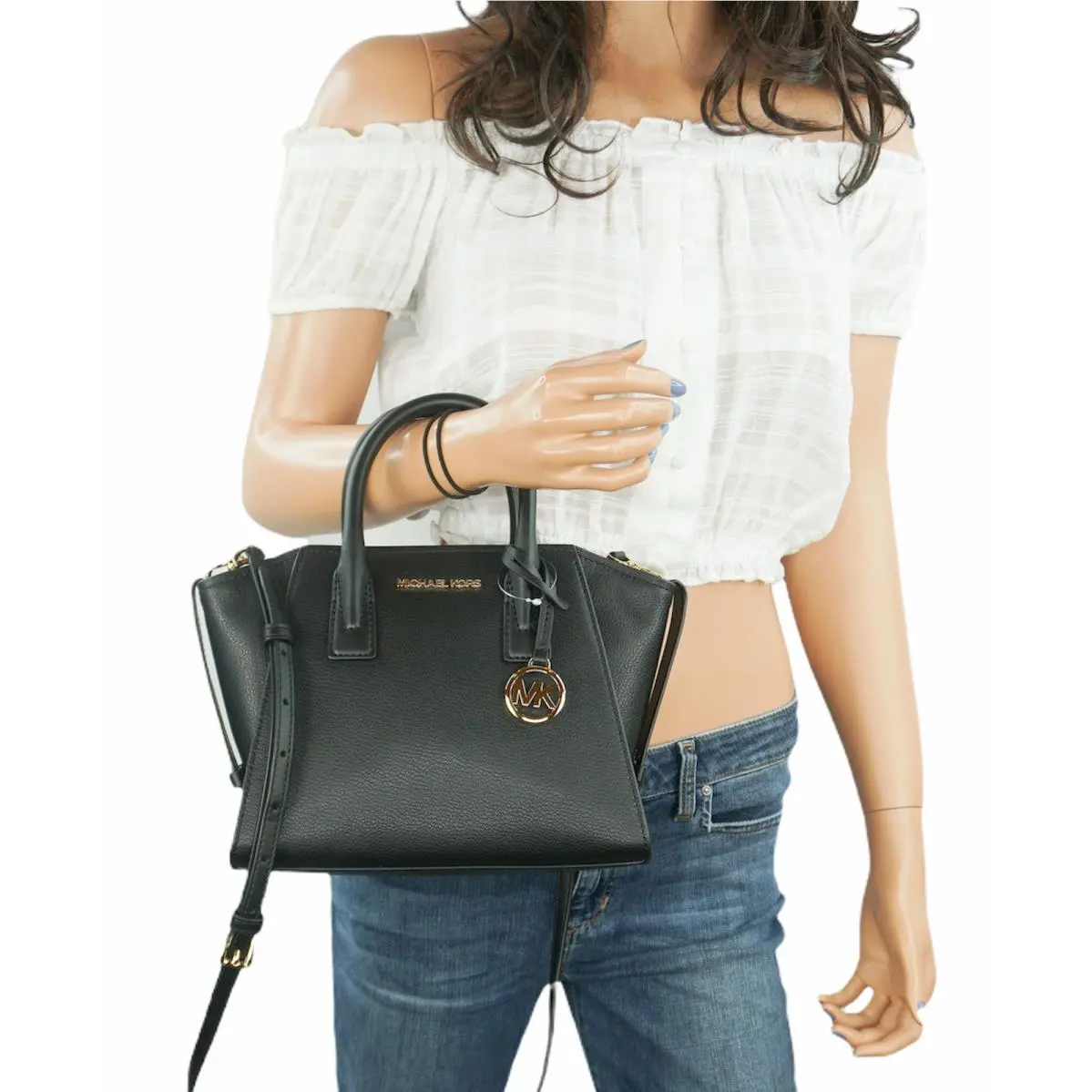Michael Kors Avril Small TZ Satchel Shoulder Crossbody Leather Bag Black