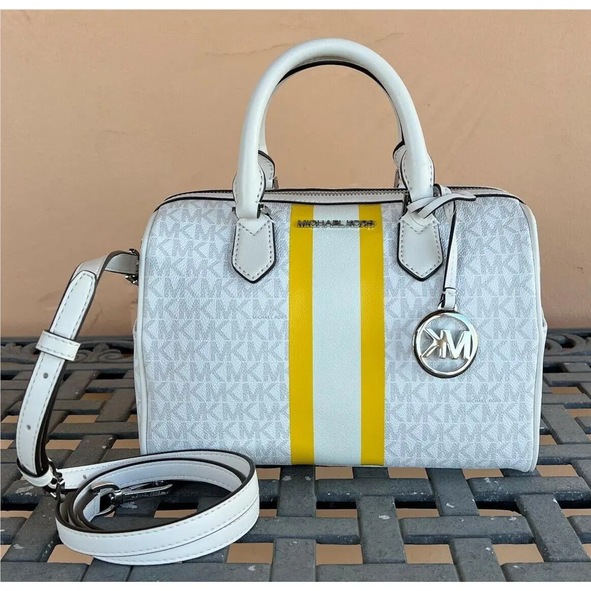 Michael Kors Bedford SM Duffle Satchel Shoulder Bag Center Stripe MK White Multi