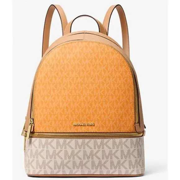 Michael Kors Rhea Medium Zip Orange Ivory Logo Backpack 35S5GRAB6V