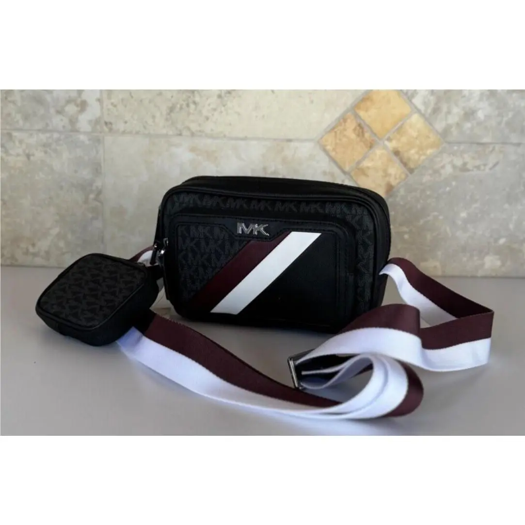 Michael Kors Rivington Striped Crossbody Camera Bag with Pouch Oxblood