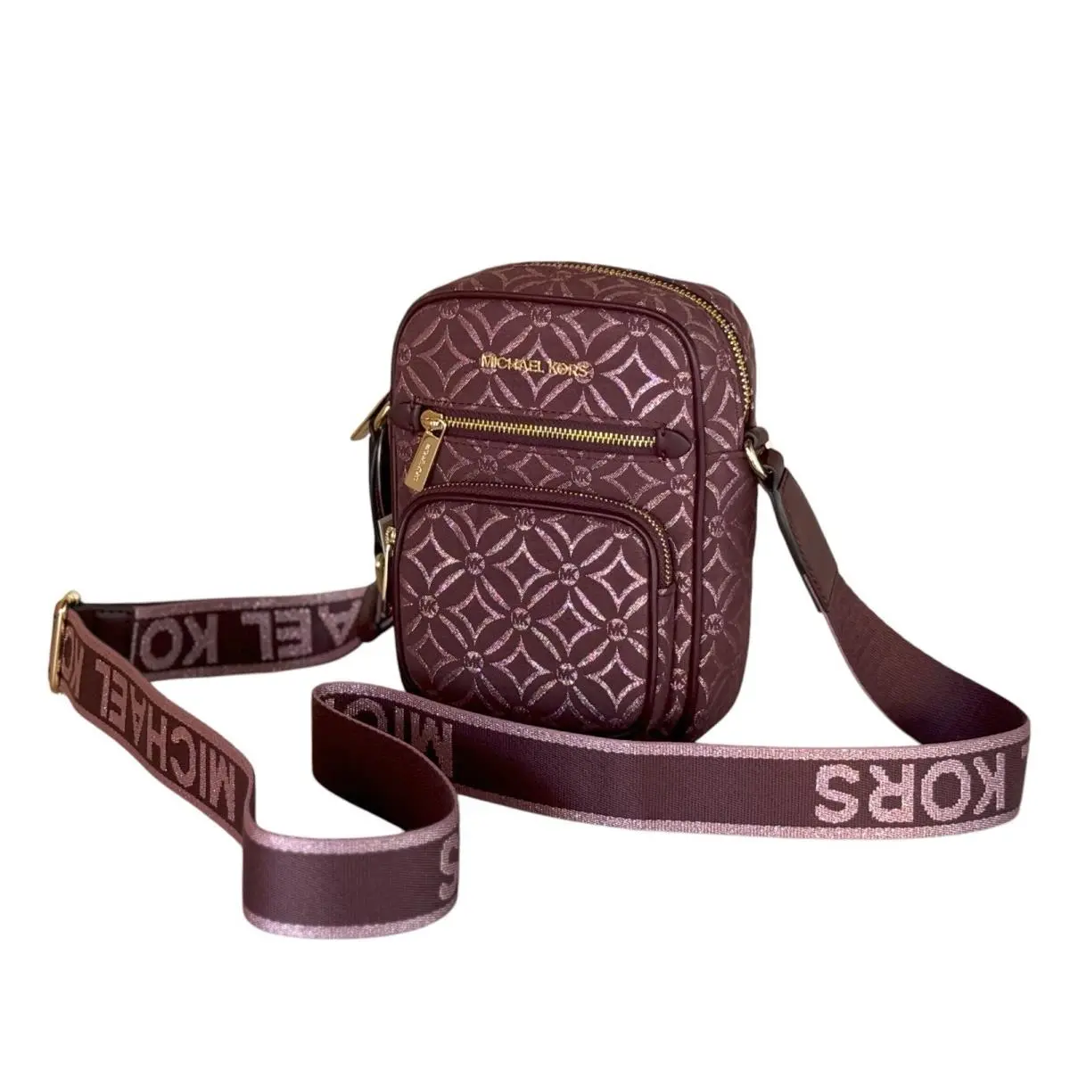 Michael Kors Jet Set Item Mdcrossbody Flight Bag Graphic Logo MK Glitter Oxblood