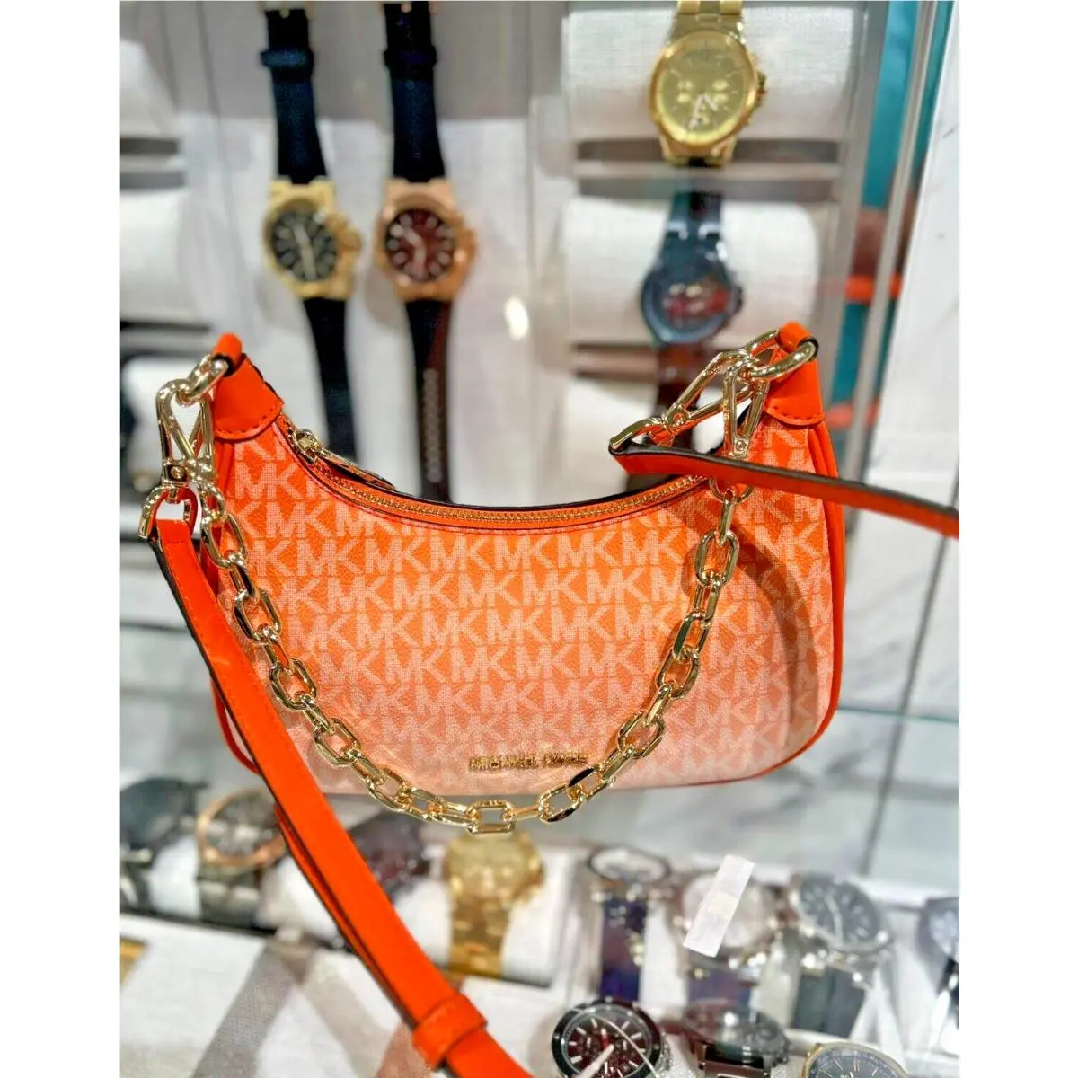 Michael Kors Cora Medium Zip Pouchette Chain Crossbody Shoulder Bag - Poppy