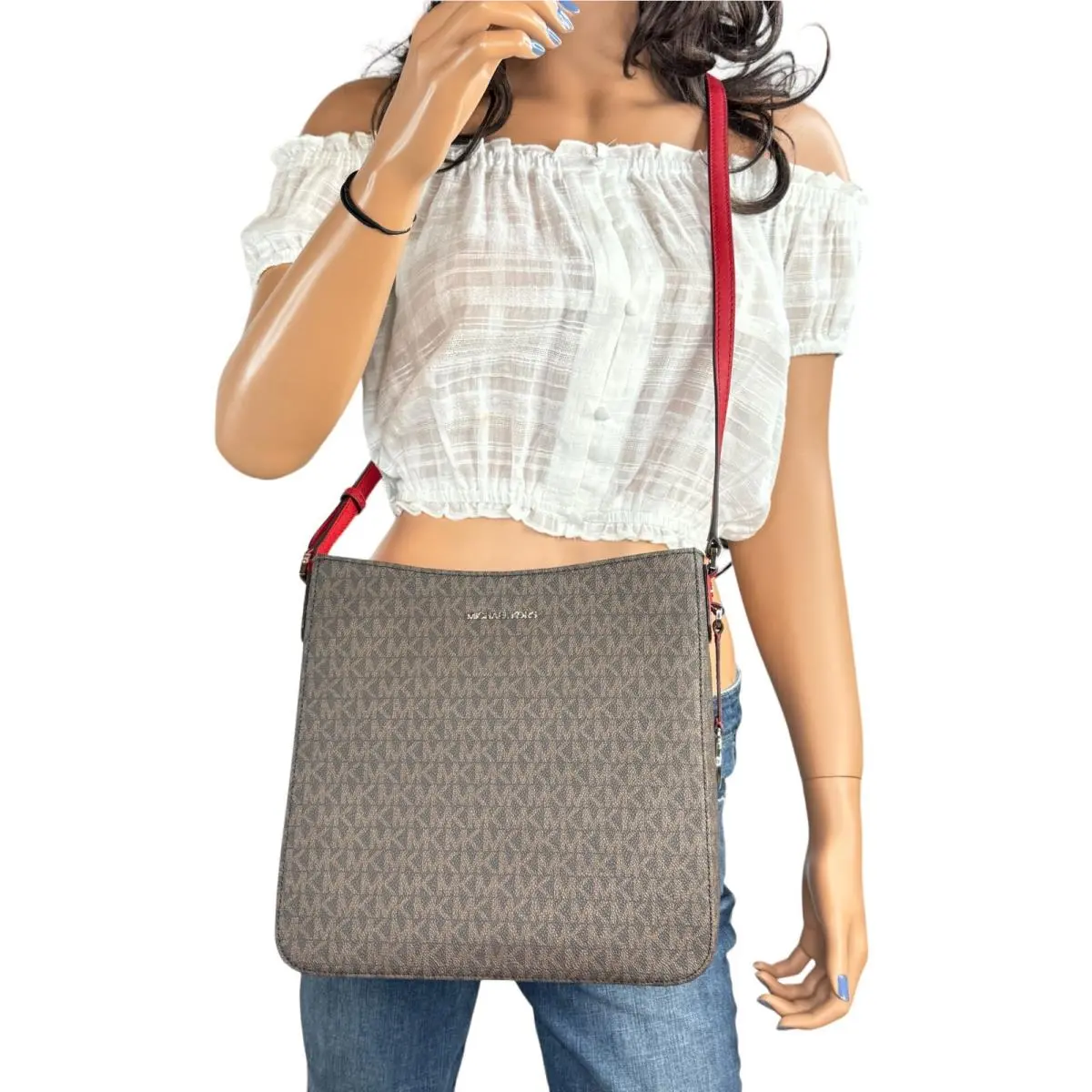 Michael Kors Jet Set Travel Large Shoulder Crossbody Bag MK Brown/bright Red