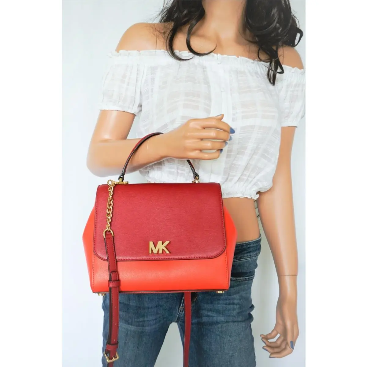 Michael Kors Mott Medium TH Smooth Leather Shoulder Bag Red Orange Mandarine