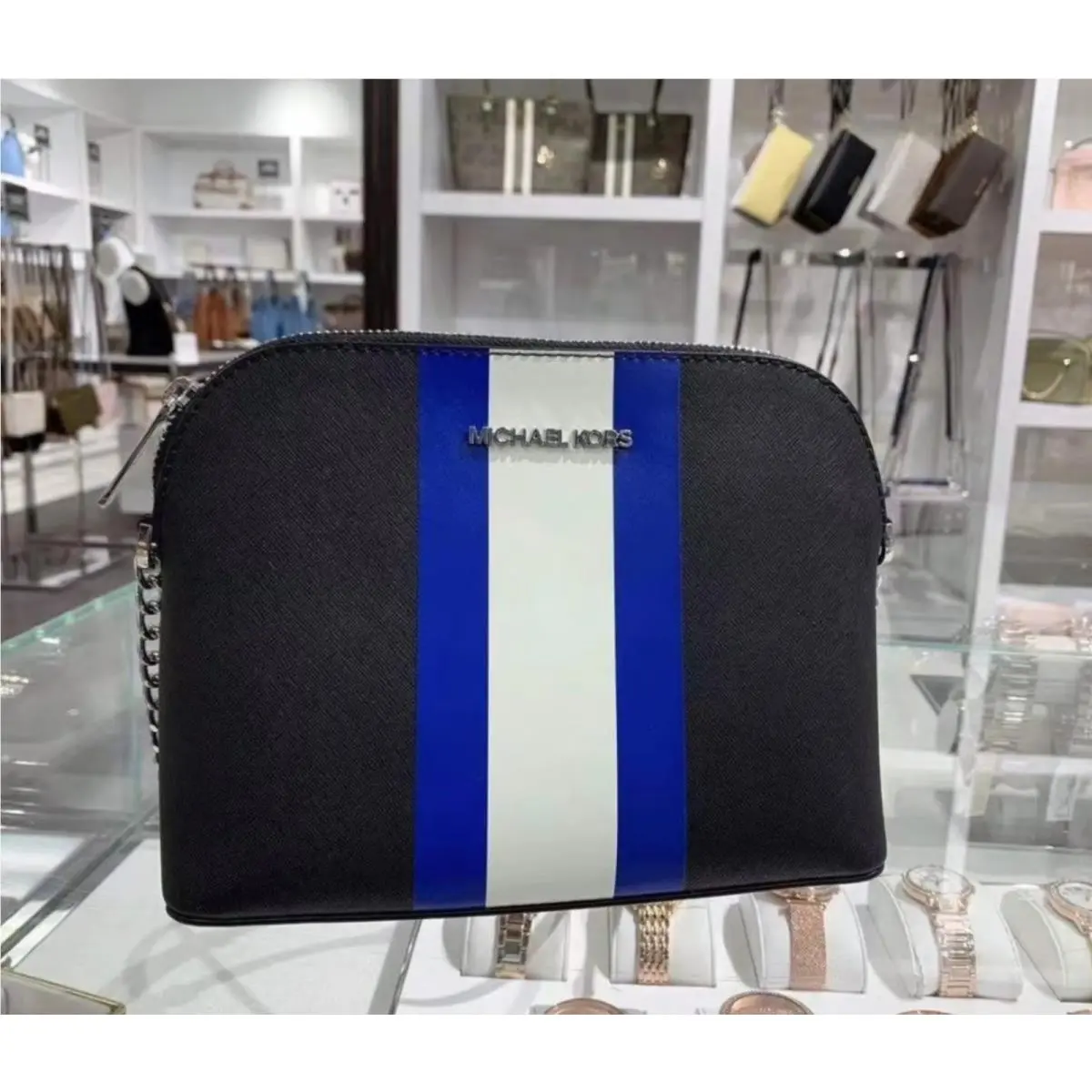 Michael Kors Cindy Center Stripe Dome Saffiano Crossbody Bag Black Blue White