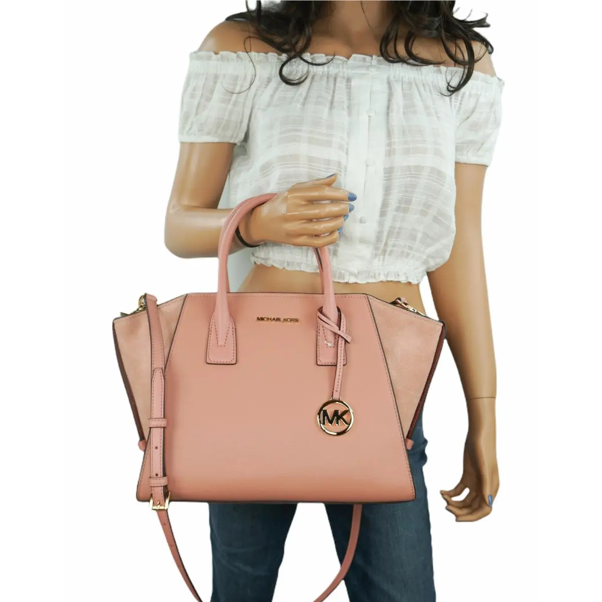 Michael Kors Avril Large Top Zip Satchel Shoulder Crossbody Bag Pink Rose