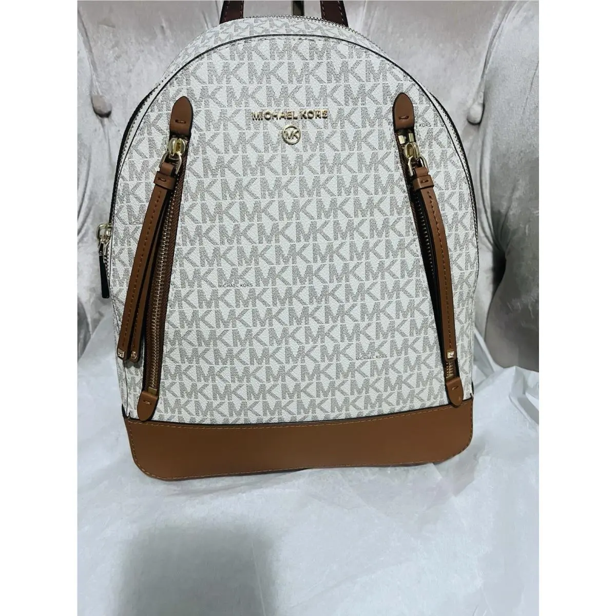 Michael Kors Brooklyn Medium Signature Logo Backpack Shoulder Bag Vanilla Brown
