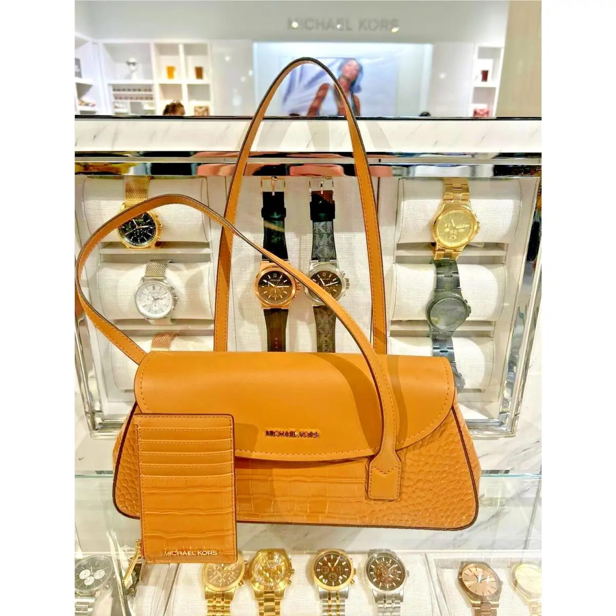 Michael Kors MK Katya Medium Handbag Shoulder Bag Purse + Card Case Wallet Deer