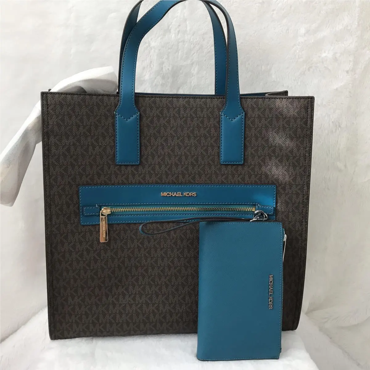 Kenly Large NS Tote Satchel Bag Brown MK and Wallet Lagoon Brown by Michael Kors