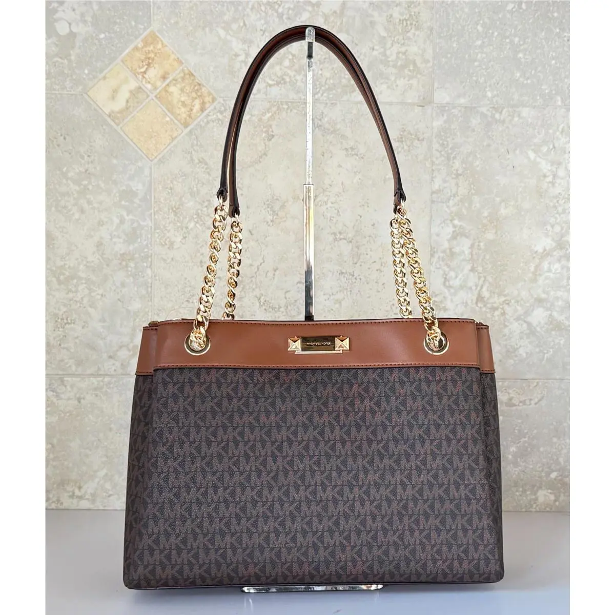 Michael Kors Whitney Medium Chain Shoulder Tote Bag MK Brown