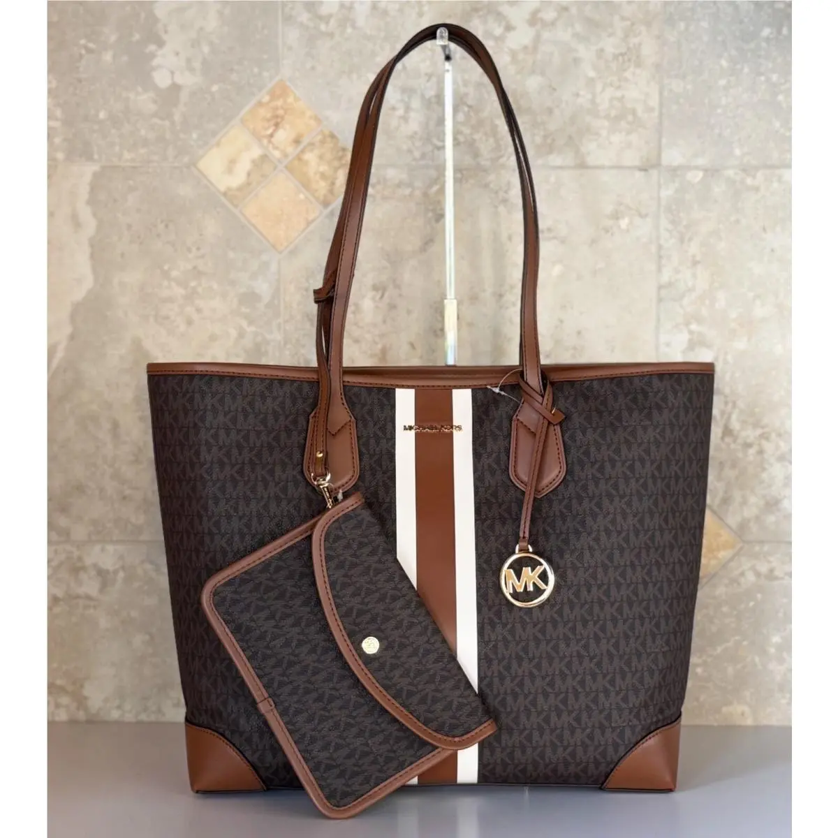 Michael Kors Eva Large Tote Travel Bag + 1 Pouch Center Stripe MK Brown