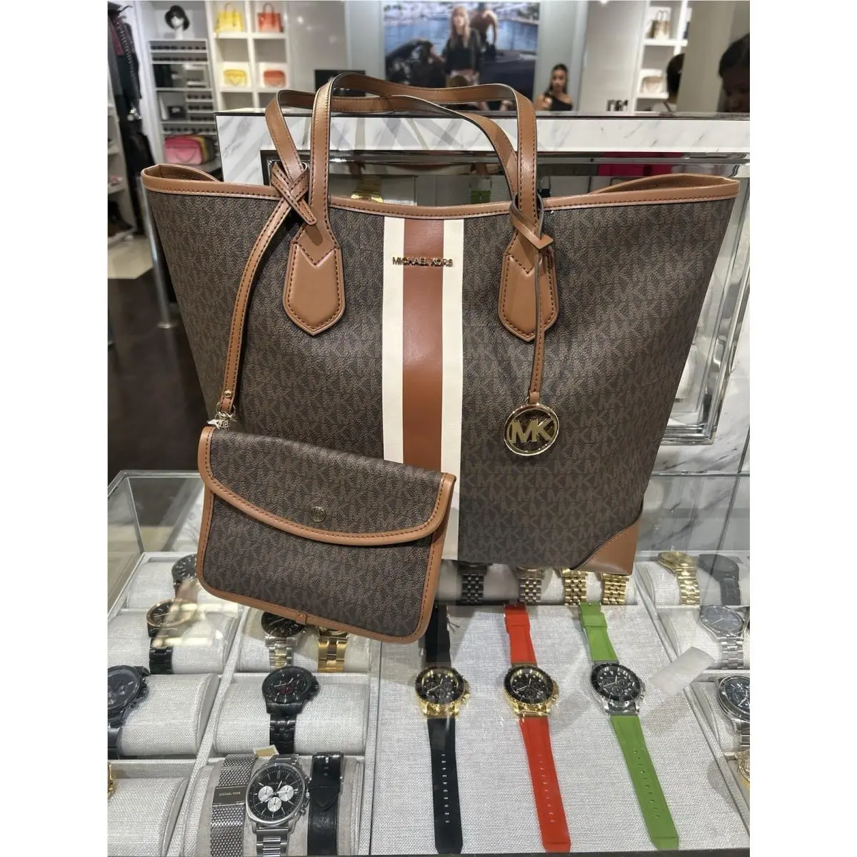 Michael Kors Eva Large Tote Travel Bag + 1 Pouch Center Stripe MK Brown
