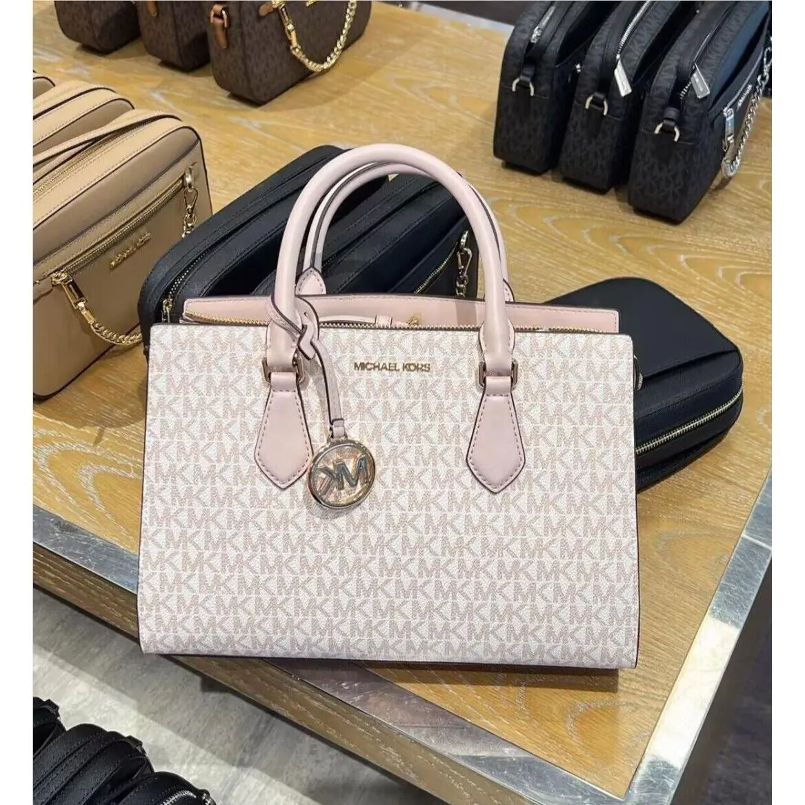 Michael Kors Sheila MD Zip Satchel Crossbody Bag Optic White Rose Gold