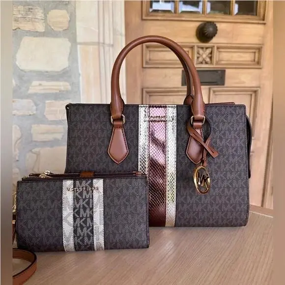 Michael Kors Sheila Medium Signature MK Metallic Satchel Brown Gold + Wallet