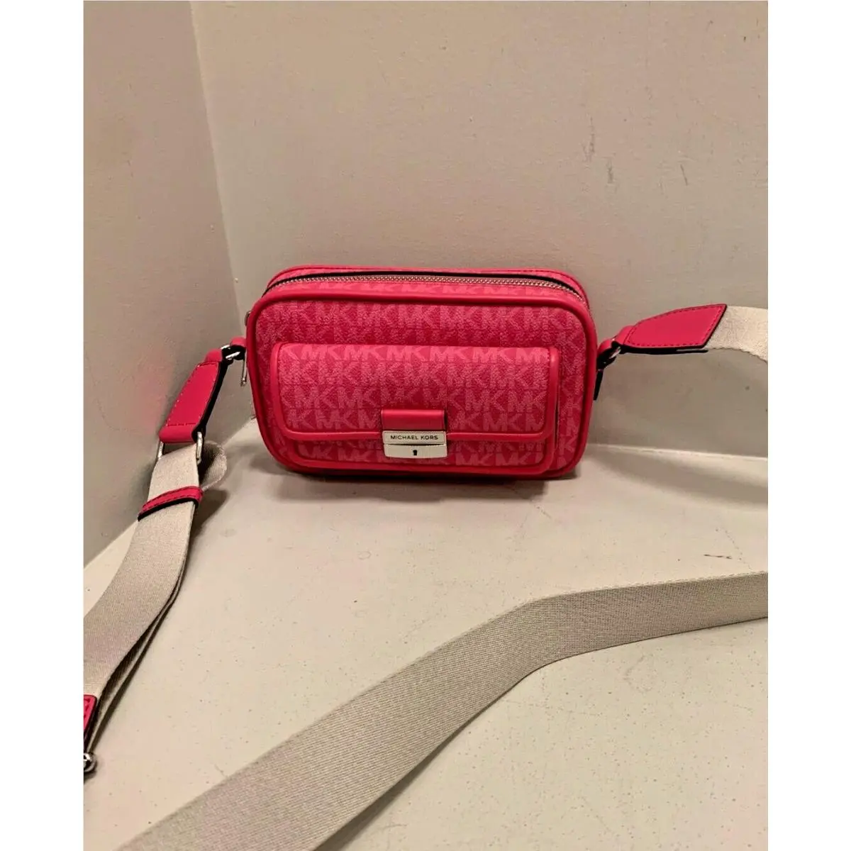 Michael Kors Bradshaw Women XS MK Logo Pocket Camera Crossbody Bag - Dragonfruit