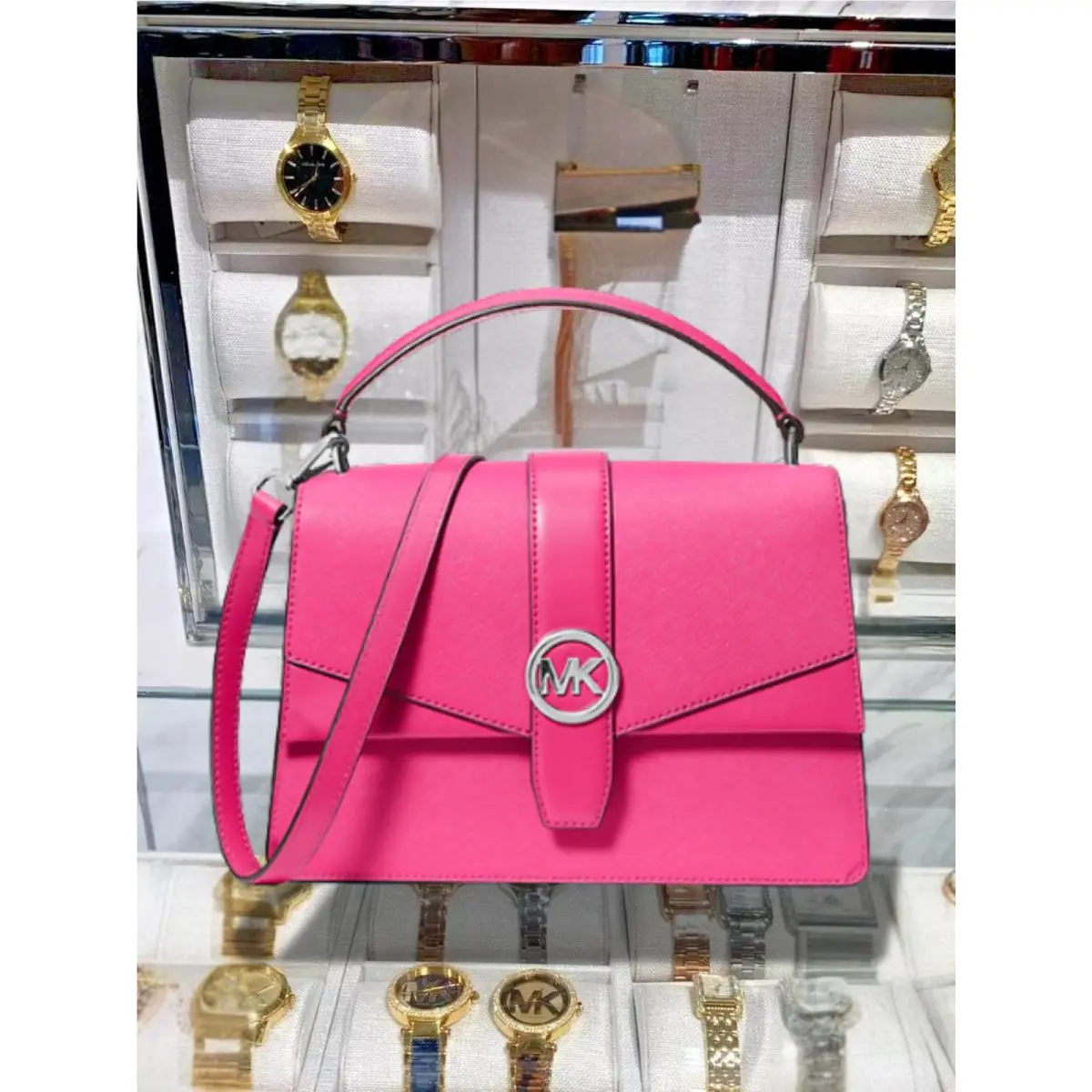 Michael Kors Greenwich Women Medium Leather Satchel Crossbody Bag Dragonfruit