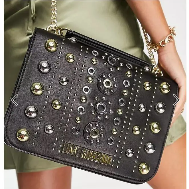 Love  - Studded Shoulder Tote Bags Borsa PU Nero Black Tan BLACK STUD BAG by Moschino