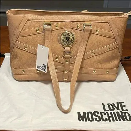 Love  - Studded Shoulder Tote Bags Borsa PU Nero Black Tan TAN STUD BAG by Moschino