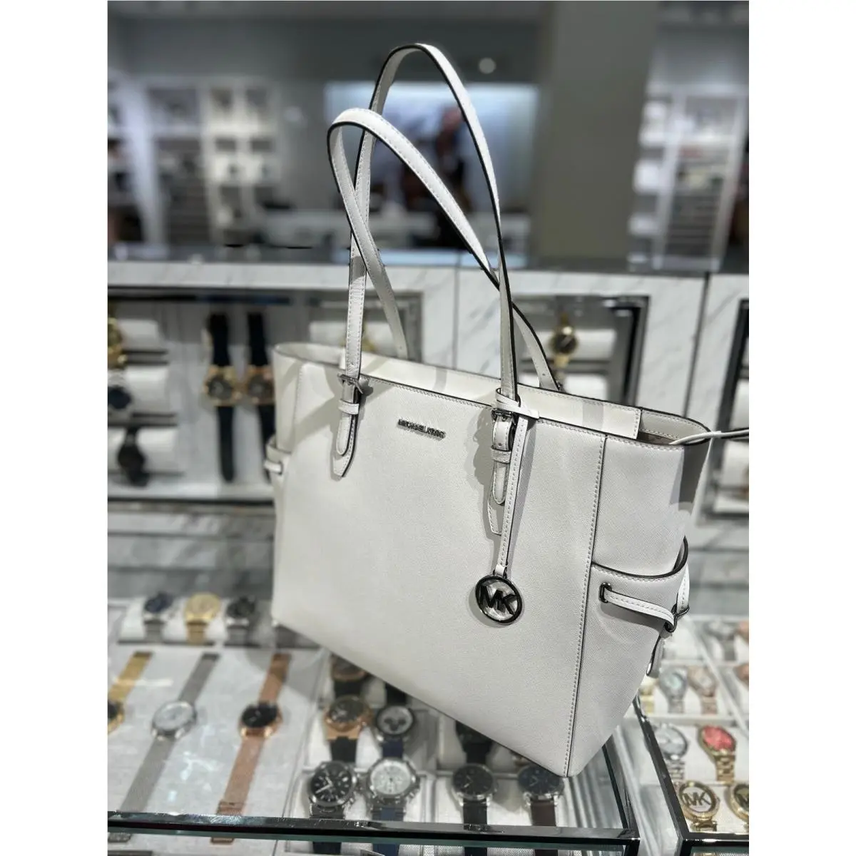 Michael Kors Gilly Large Leather Laptop Handbag MK Purse Tote Shoulder Bag White