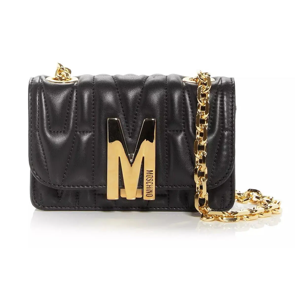 Moschino Quilted Leather Crossbody Chain Bag - Black/ Gold Retail - Handle/Strap: Gold, Hardware: Gold, Lining: Gold