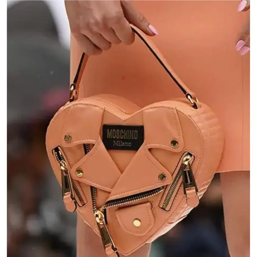 SS22 Moschino Couture Jeremy Scott Peach Heart Shaped Leather Biker Jacket Bag