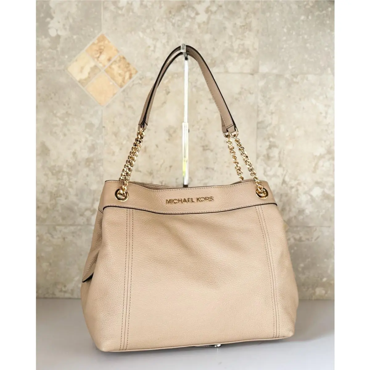 Michael Kors Jet Set Item Large Chain Shoulder Pebbled Leather Tote Bag Bisque