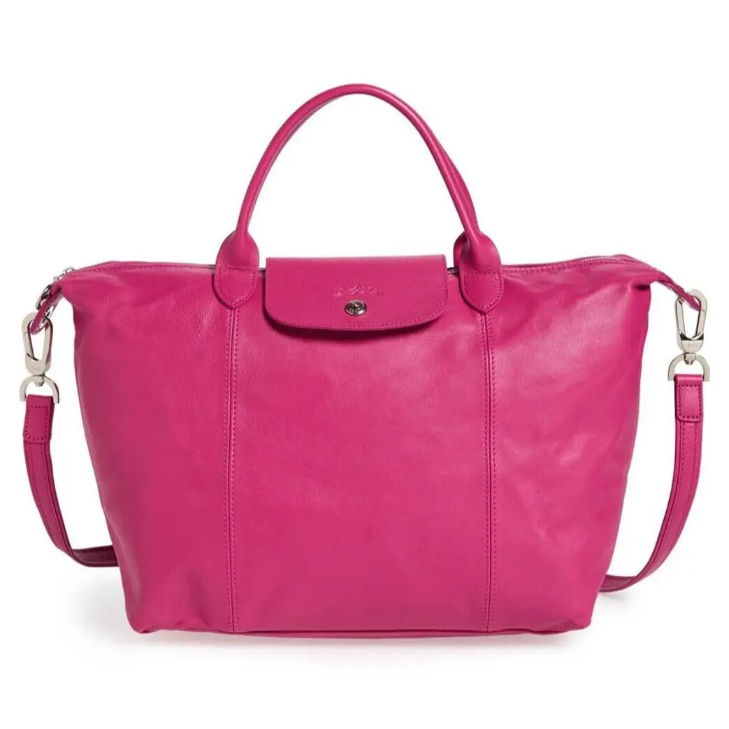 Longchamp Le Pliage Cuir Medium Leather Satchel Bag Cyclamen Pink