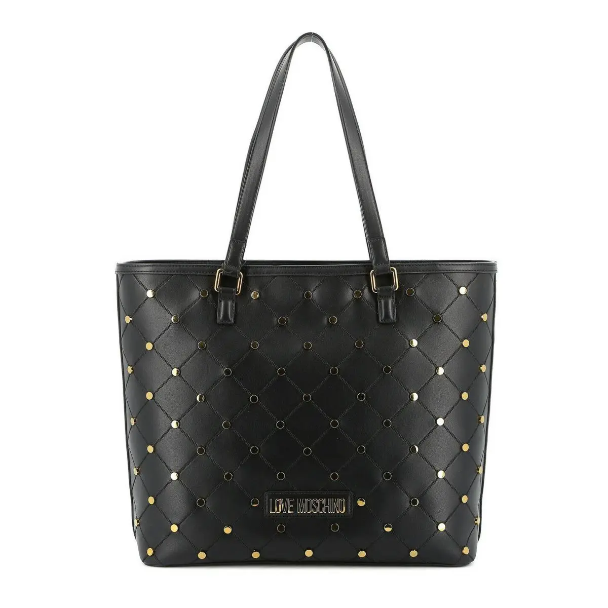 Love  Studded Quilted Leather Tote Bag Black by Moschino