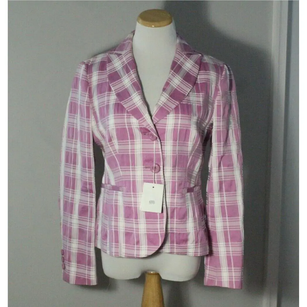 Moschino Italy Pink White Plaid Cotton Blazer Jacket US Sz 8