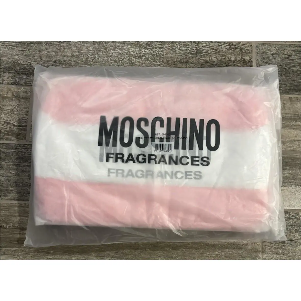 Moschino Fragrance Pink White Striped Duffle Bag